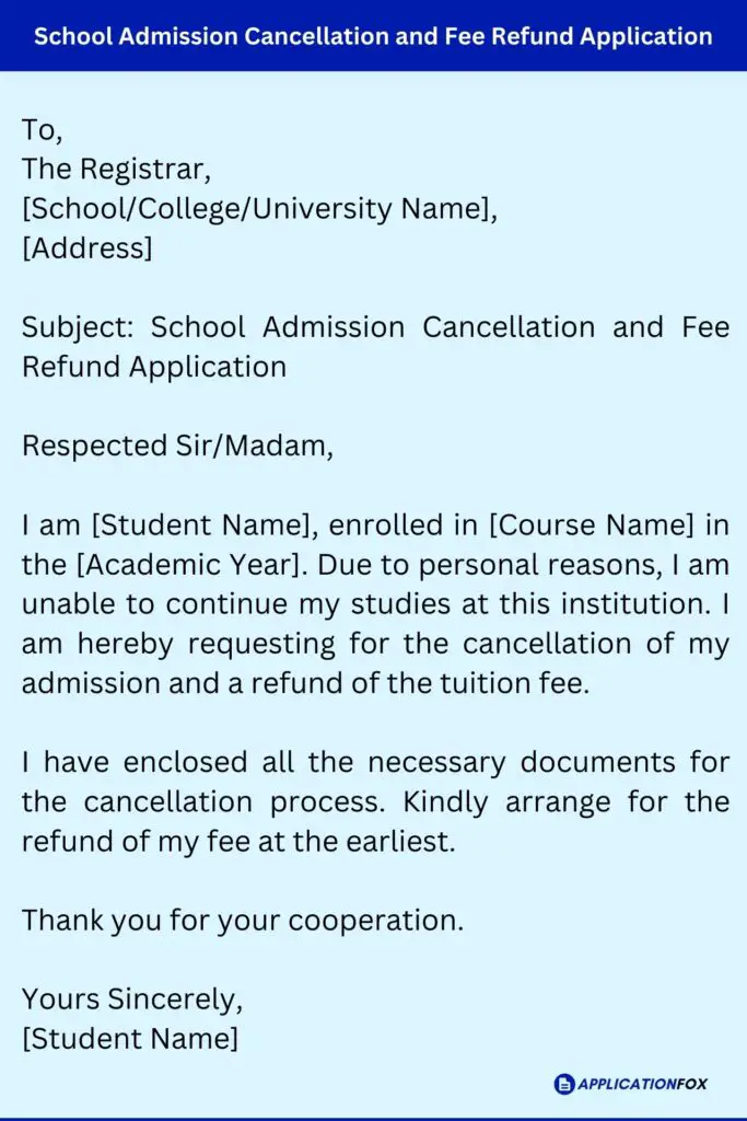 School Admission Cancellation and Fee Refund Application