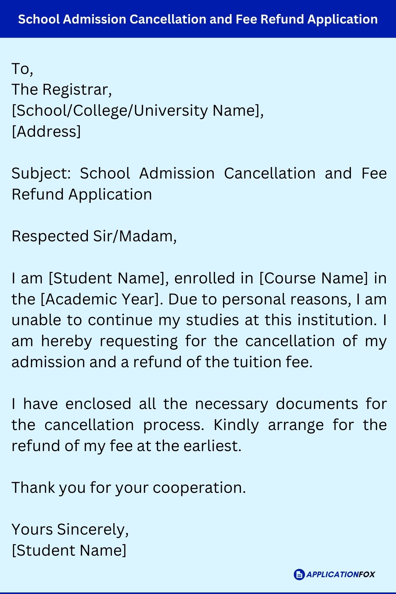 application letter for withdrawal of admission from school