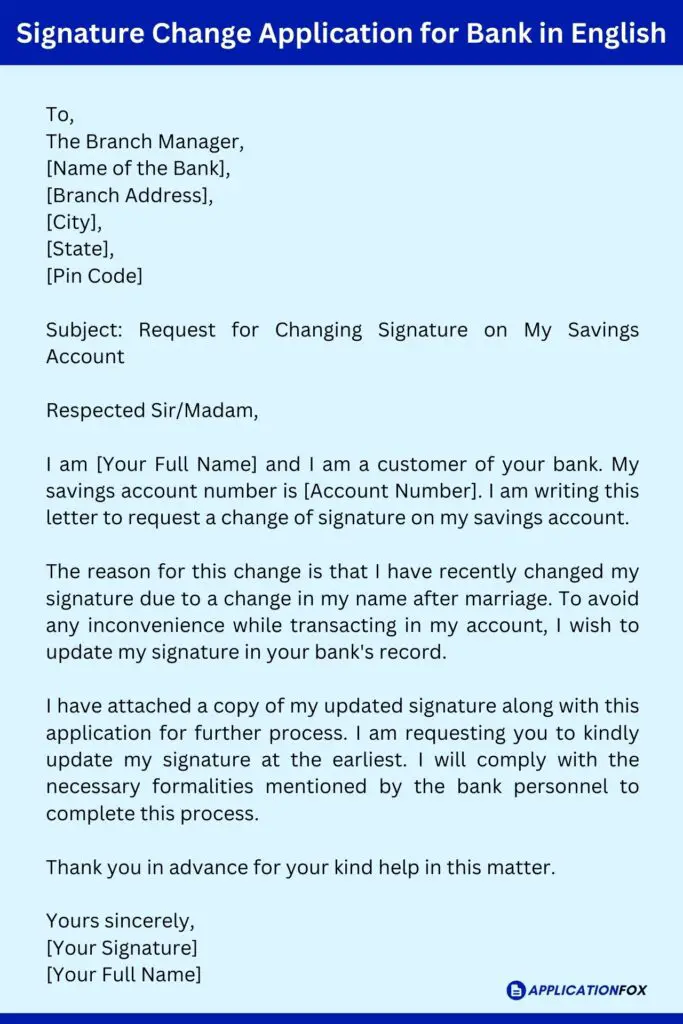 Signature Change Application for Bank in English