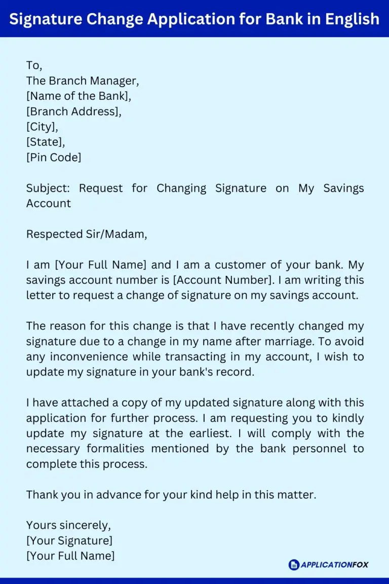 application letter for change signature in bank