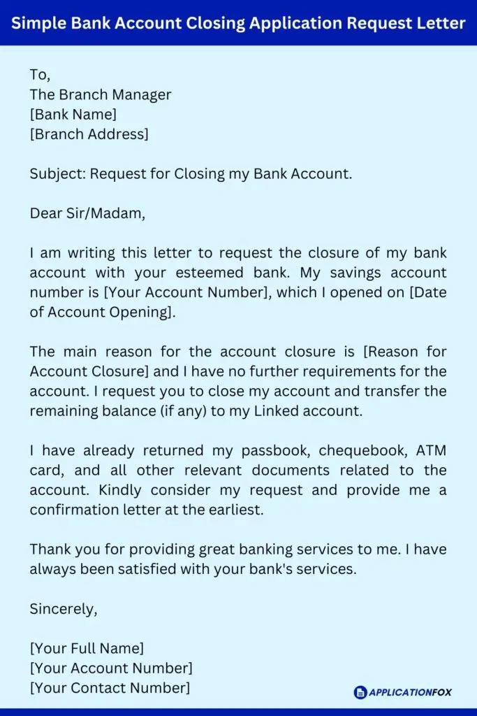 Simple Bank Account Closing Application Request Letter