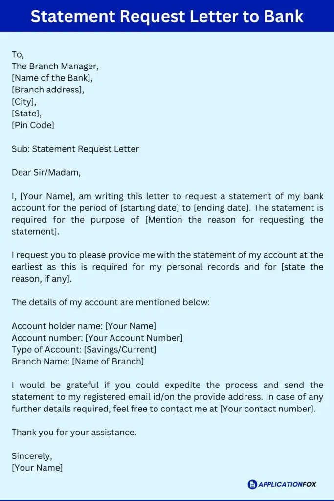 Statement Request Letter to Bank