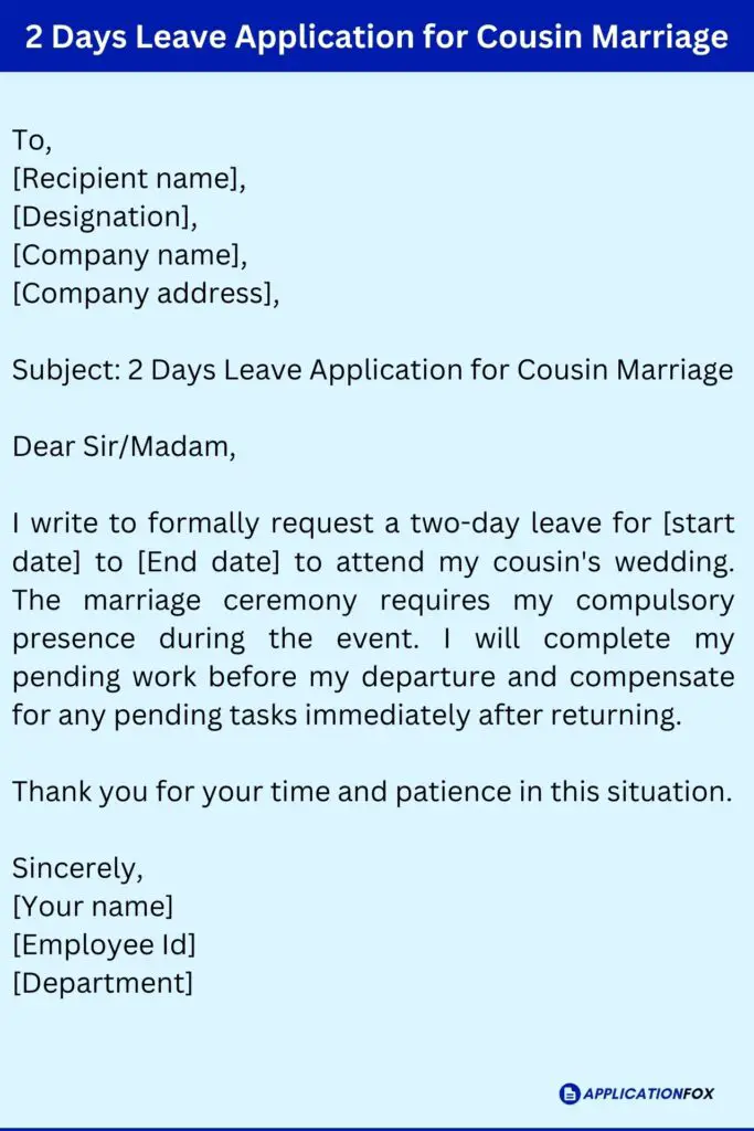 2 Days Leave Application for Cousin Marriage