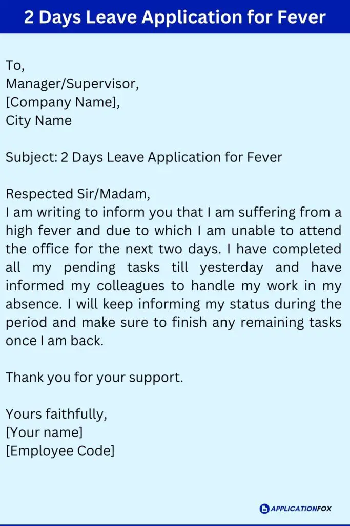 2 Days Leave Application for Fever
