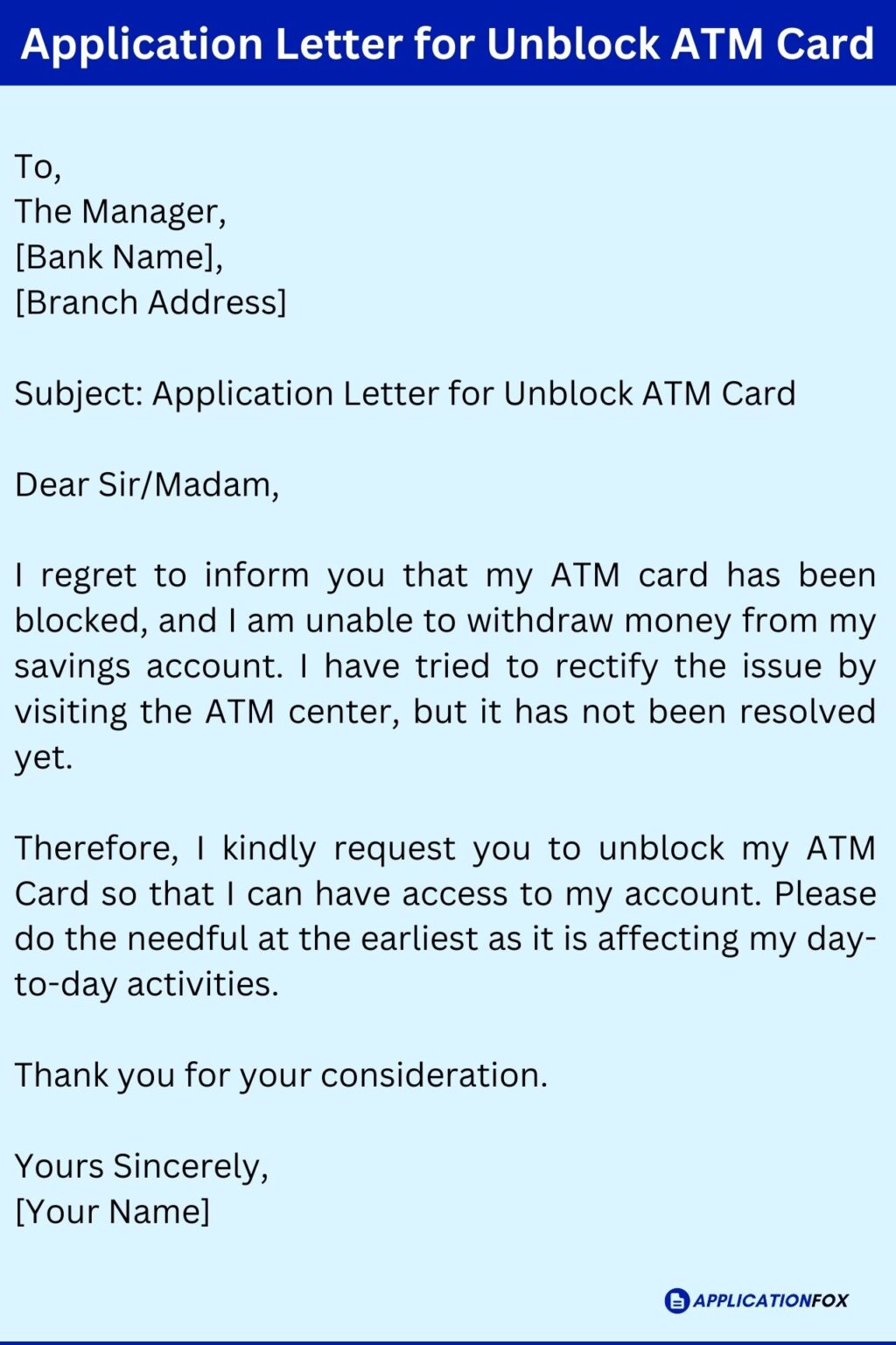 (3+ Samples) Application for Unblock Atm Card