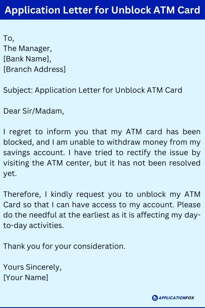 Application Letter for Unblock ATM Card