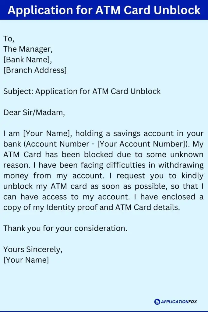 Application for ATM Card Unblock