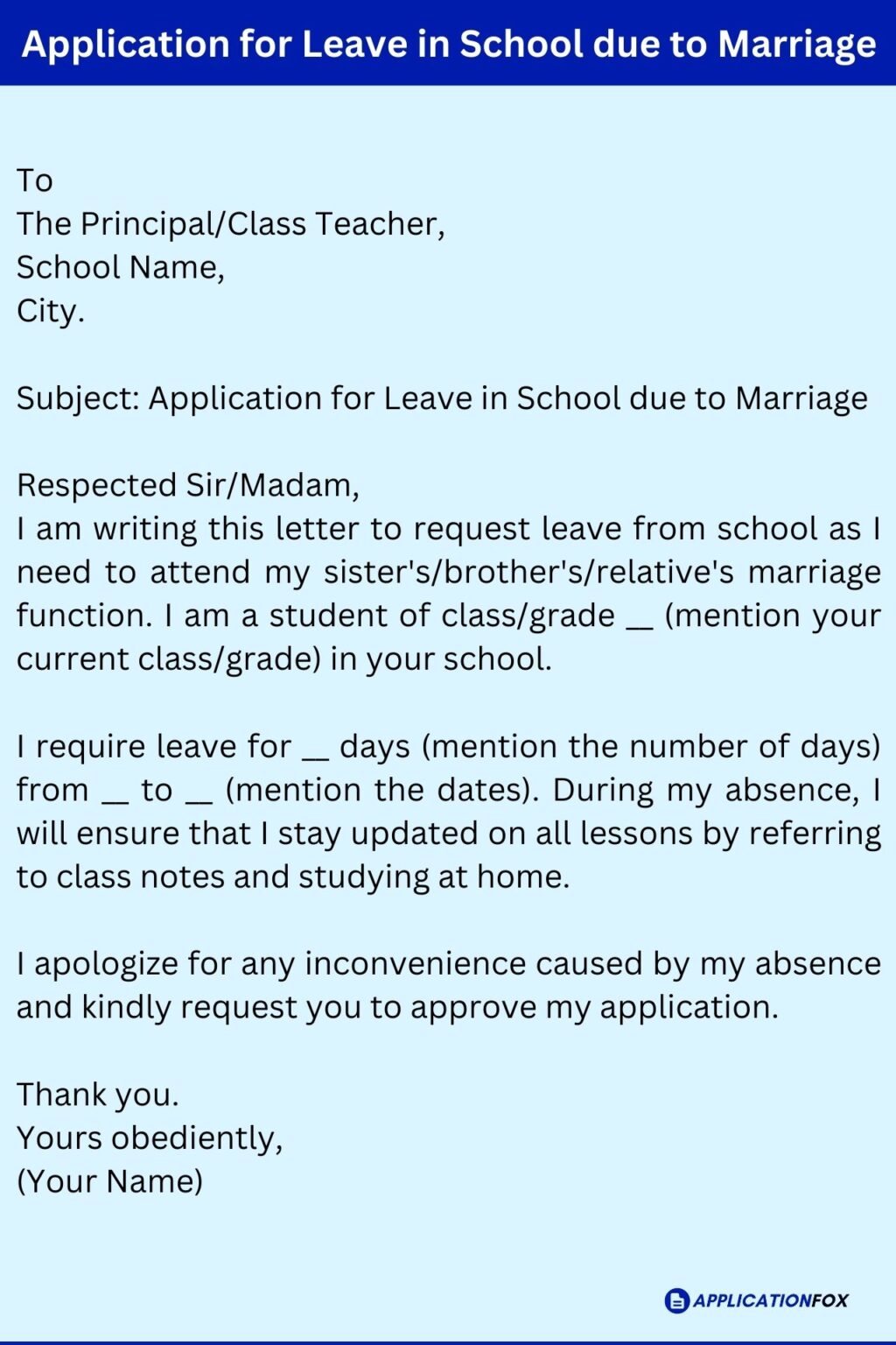 (13 Samples) Application for leave in School for Marriage