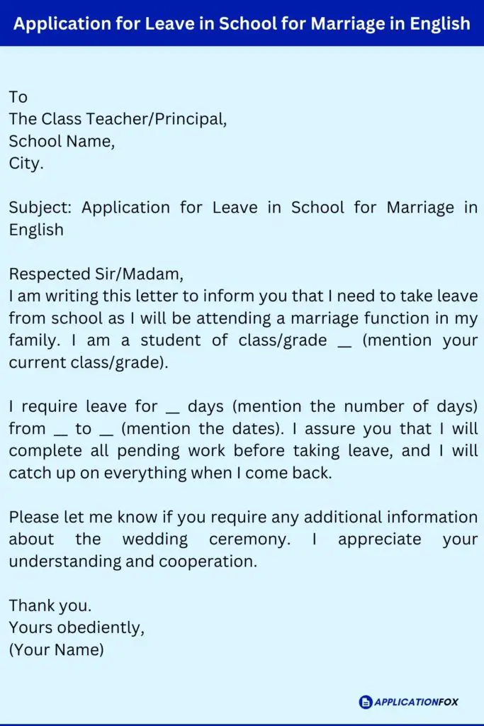 Application for Leave in School for Marriage in English