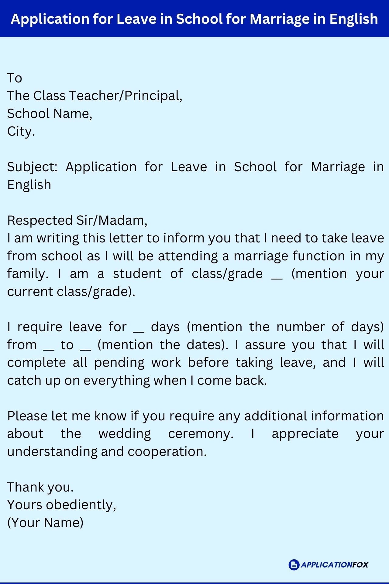 (13 Samples) Application for leave in School for Marriage