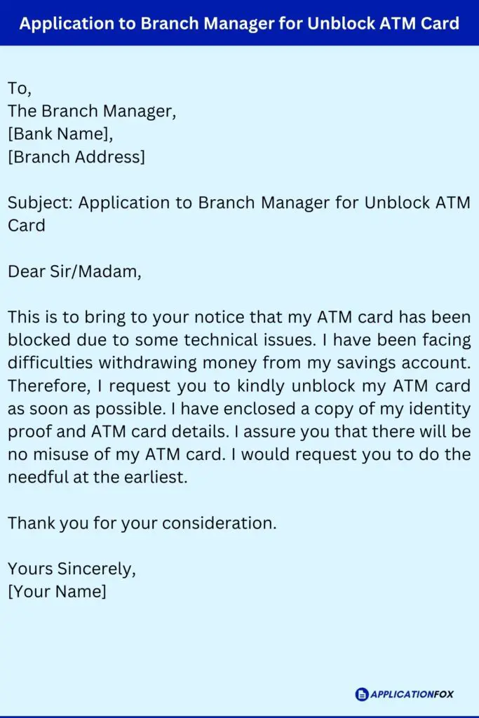 Application to Branch Manager for Unblock ATM Card