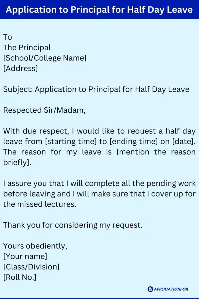 Application to Principal for Half Day Leave