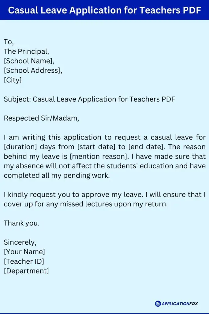 Casual Leave Application for Teachers PDF
