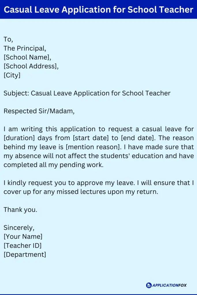 Casual Leave Application for School Teacher