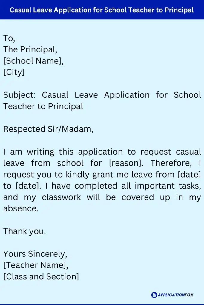 Casual Leave Application for School Teacher to Principal