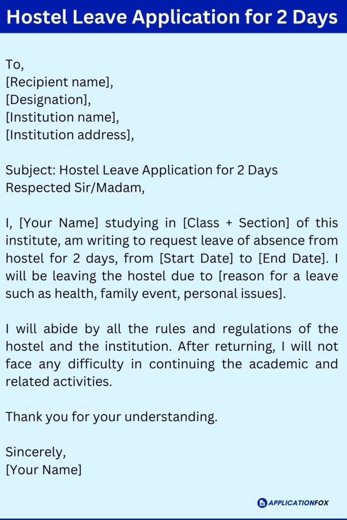 Hostel Leave Application for 2 Days