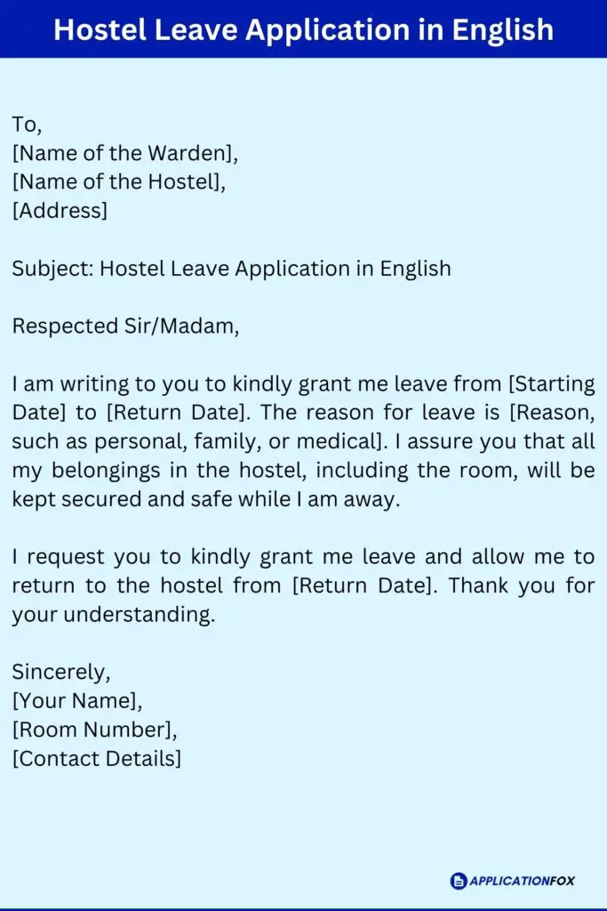 Hostel Leave Application in English