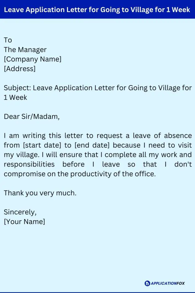 Leave Application Letter for Going to Village for 1 Week
