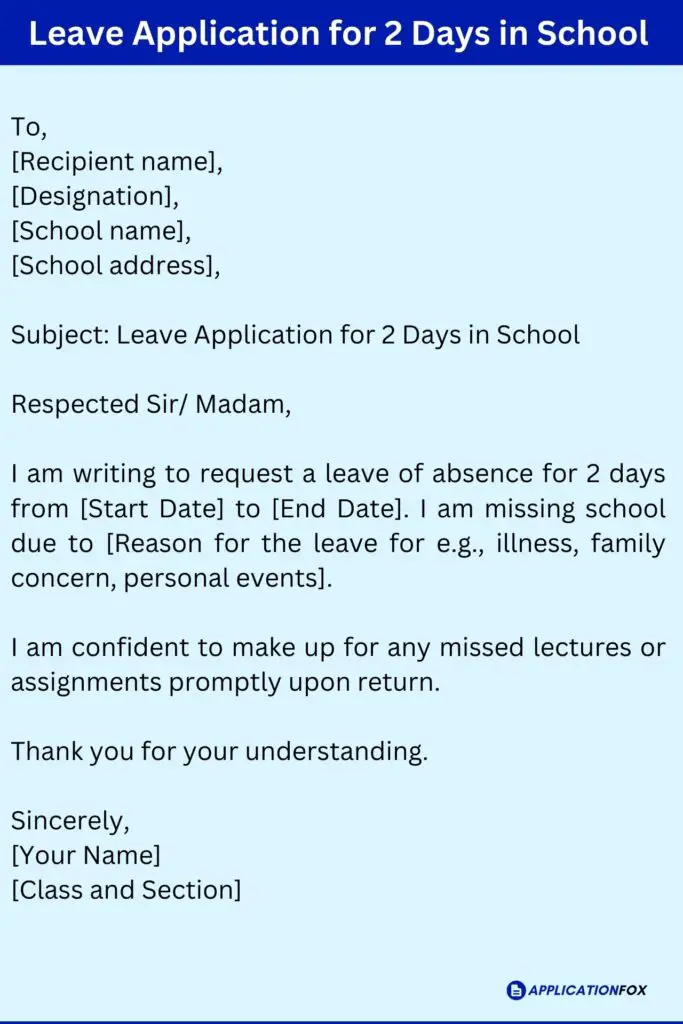 Leave Application for 2 Days in School
