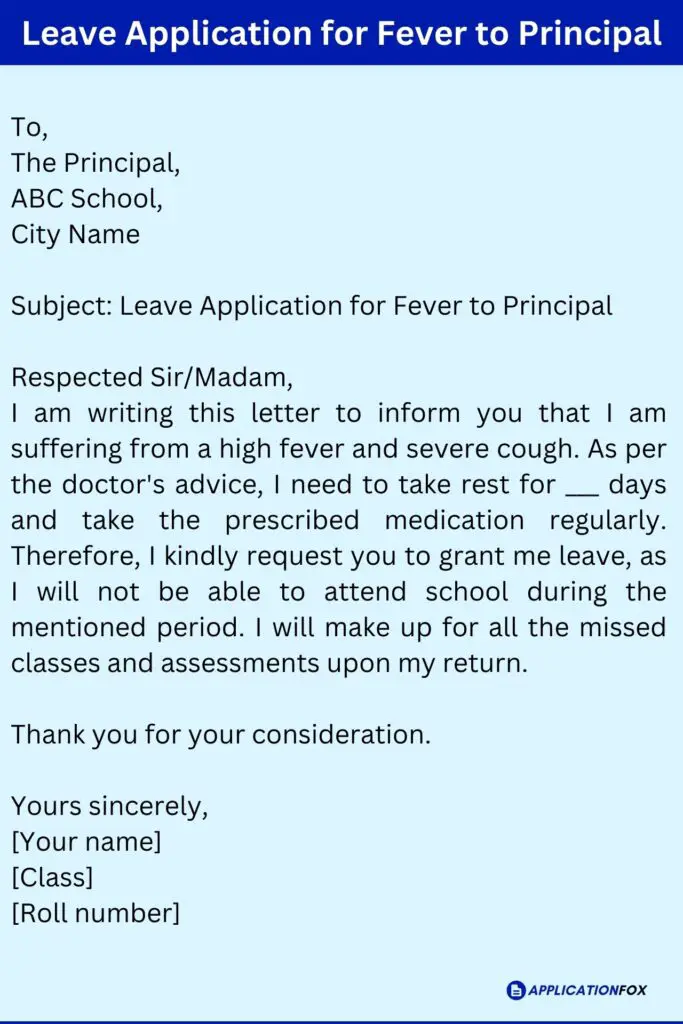 Leave Application for Fever to Principal