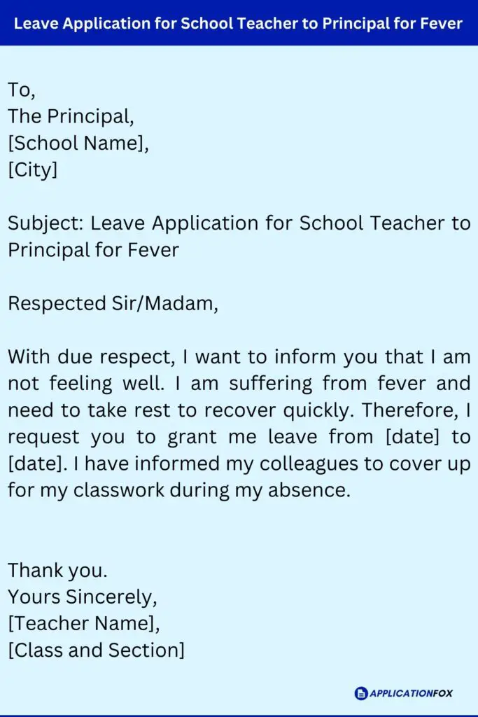 Leave Application for School Teacher to Principal for Fever