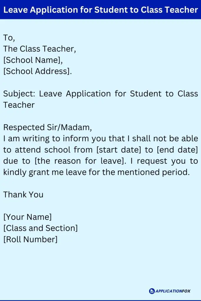 Leave Application for Student to Class Teacher