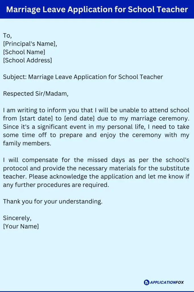 Marriage Leave Application for School Teacher