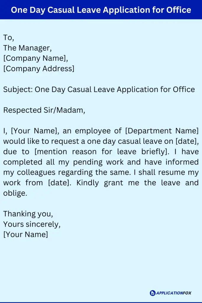 One Day Casual Leave Application for Office