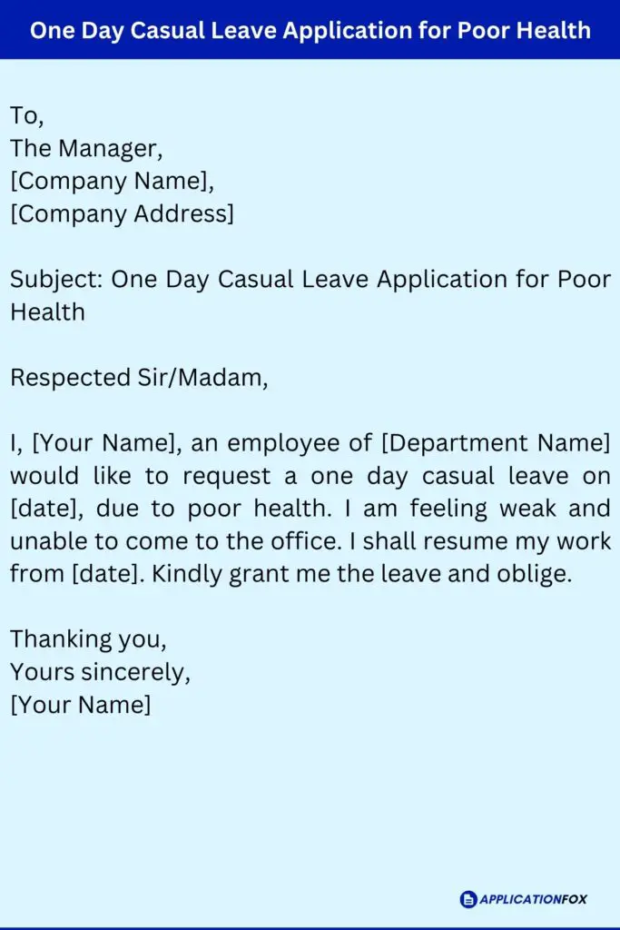 One Day Casual Leave Application for Poor Health