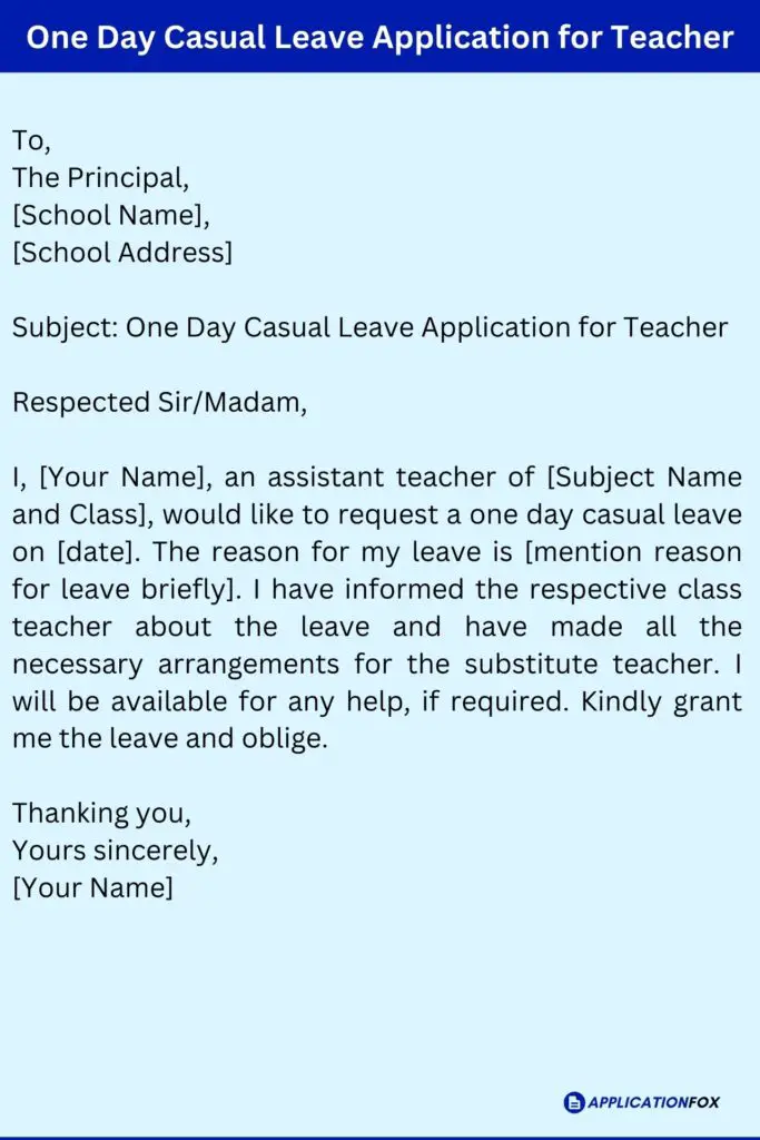 One Day Casual Leave Application for Teacher