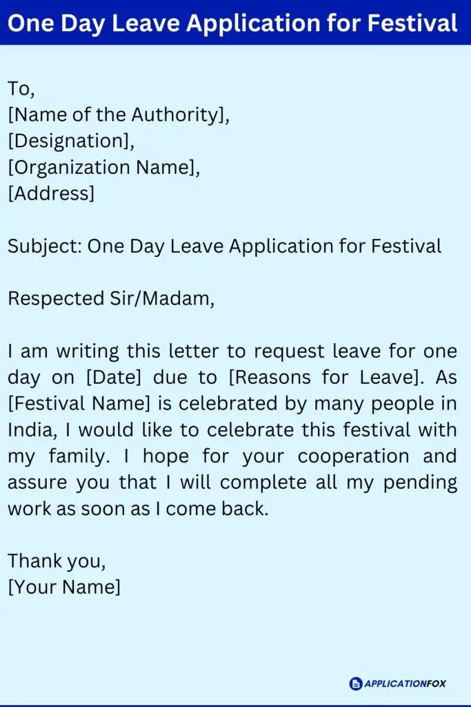 One Day Leave Application for Festival