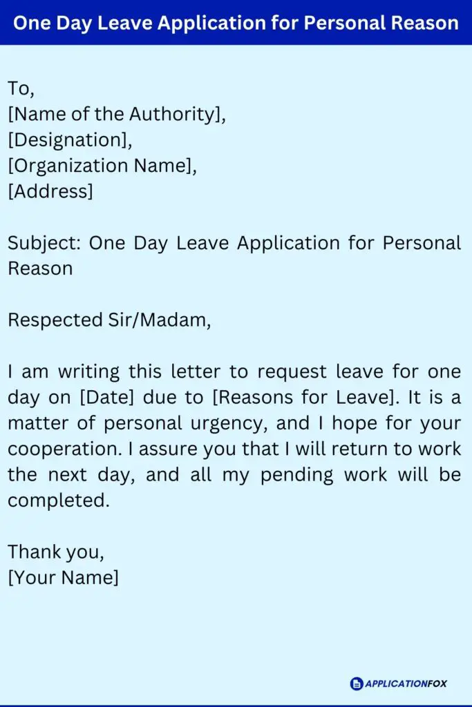 One Day Leave Application for Personal Reason