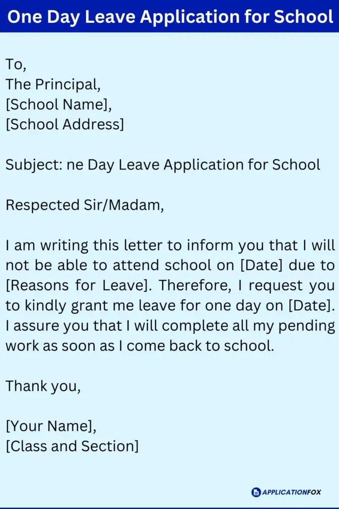 One Day Leave Application for School