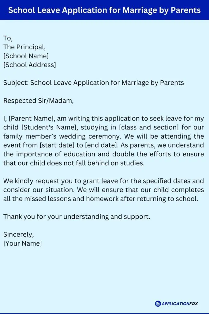 School Leave Application for Marriage by Parents