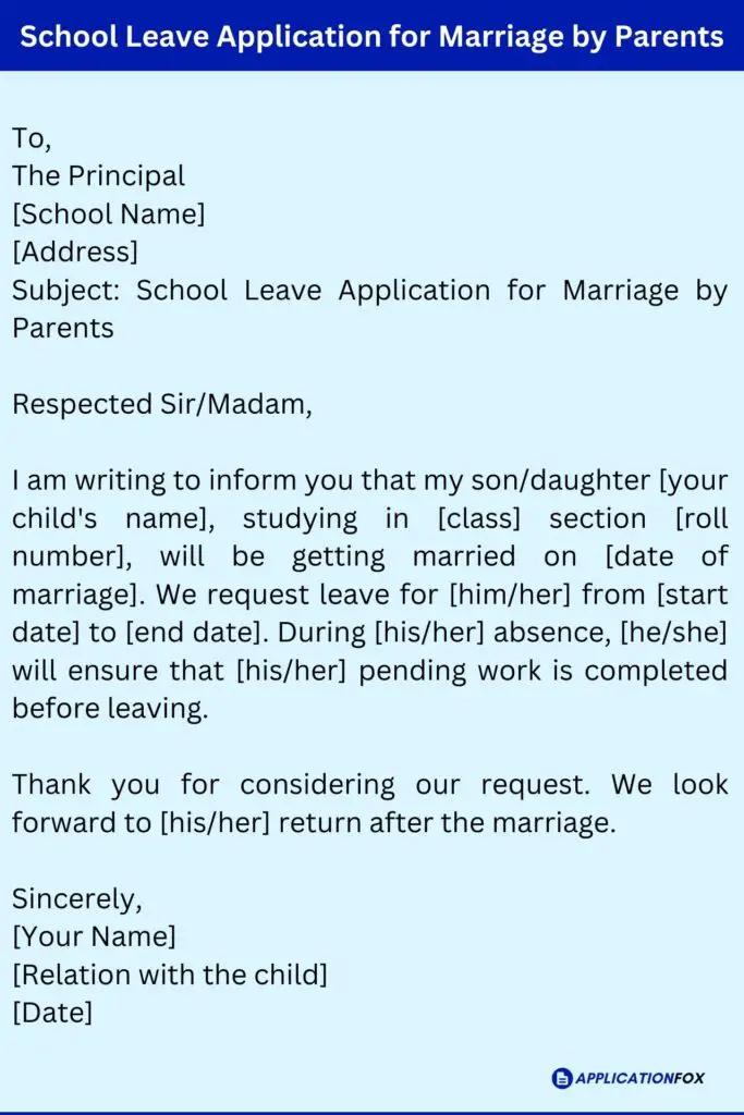 School Leave Application for Marriage by Parents