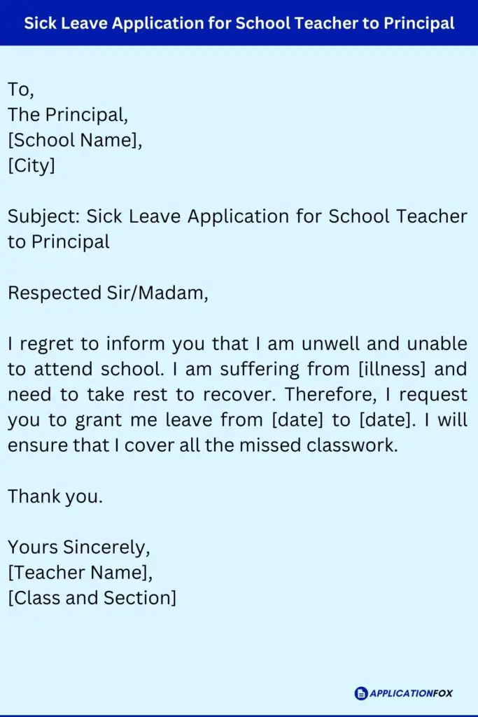 Sick Leave Application for School Teacher to Principal