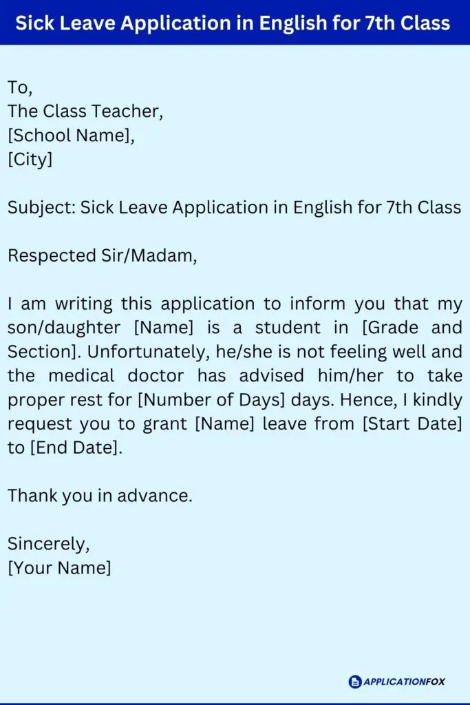 Sick Leave Application in English for 7th Class