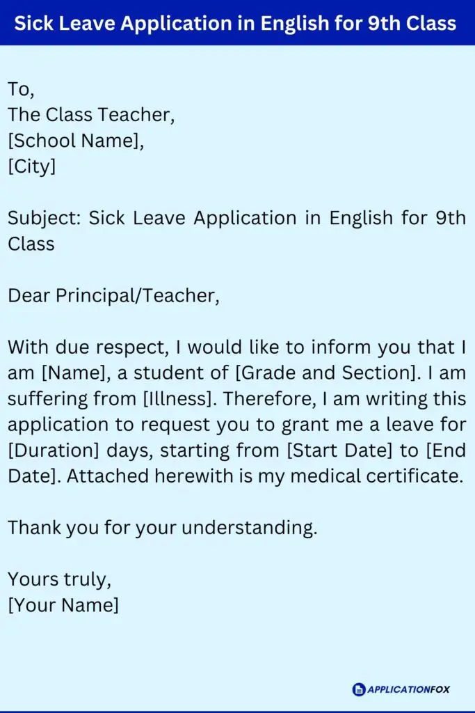 Sick Leave Application in English for 9th Class