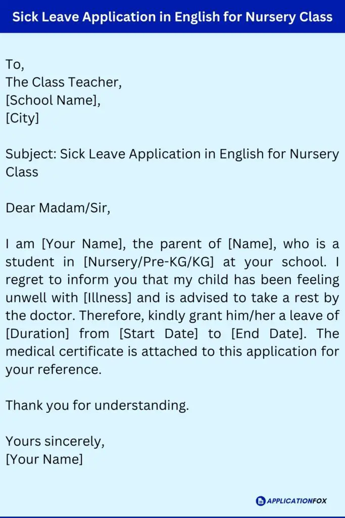 Sick Leave Application in English for Nursery Class