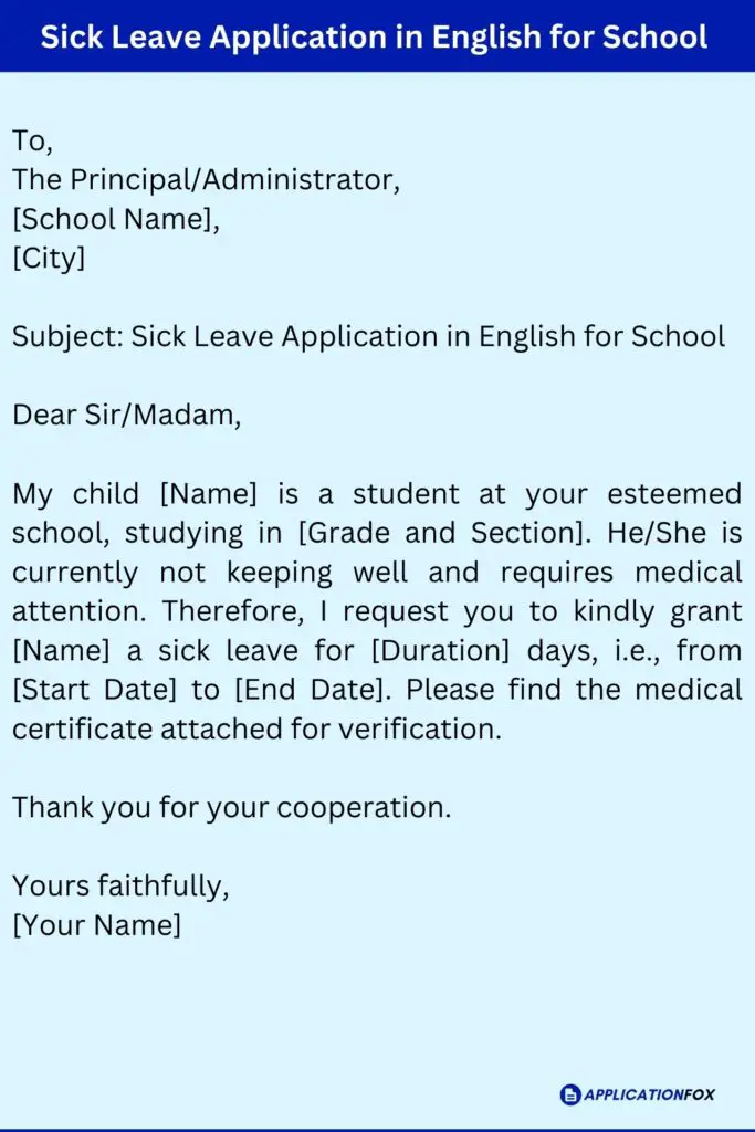 Sick Leave Application in English for School