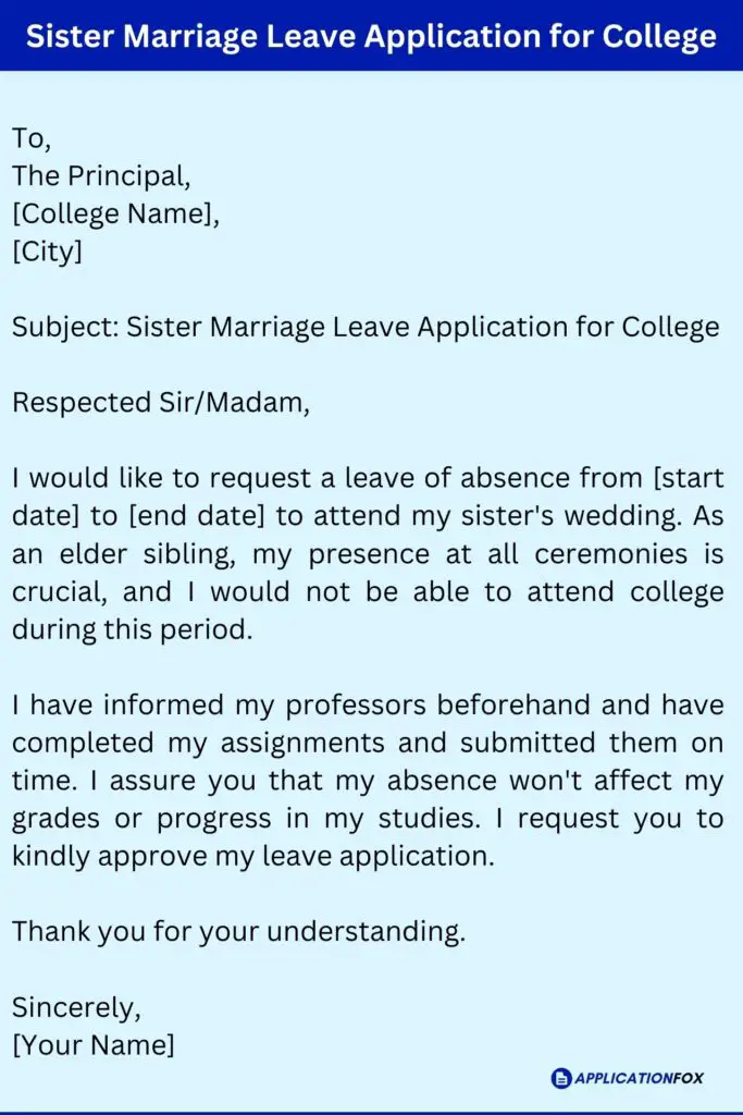 Sister Marriage Leave Application for College