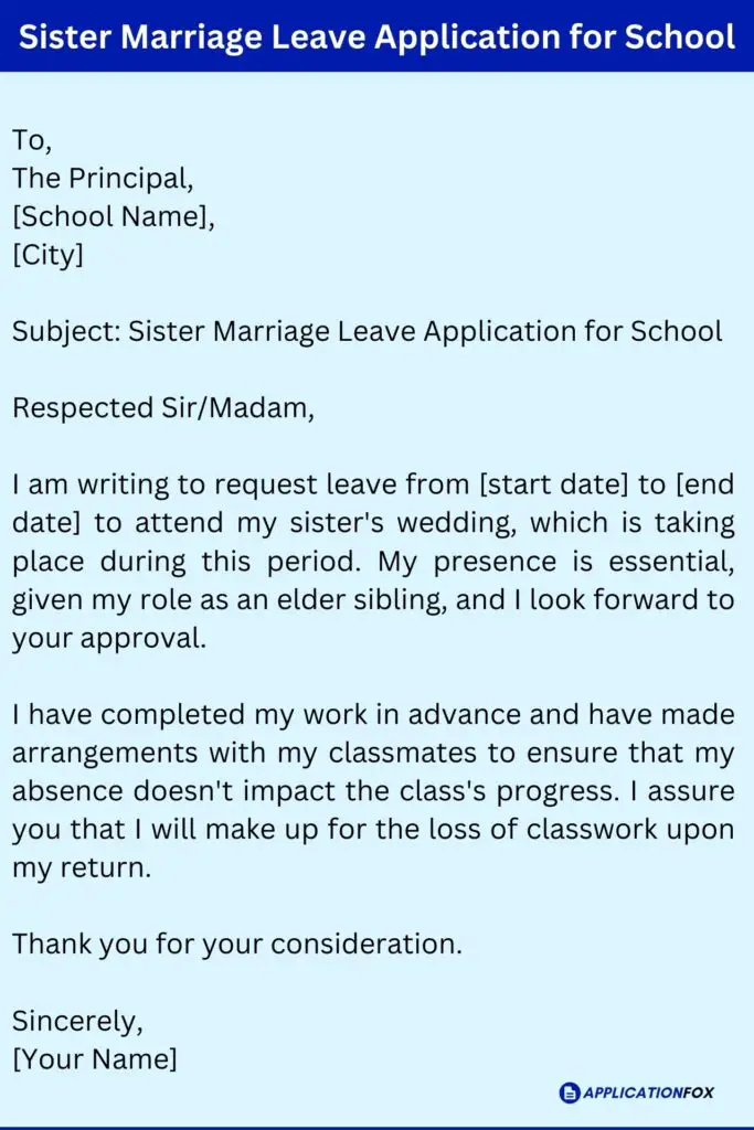Sister Marriage Leave Application for School