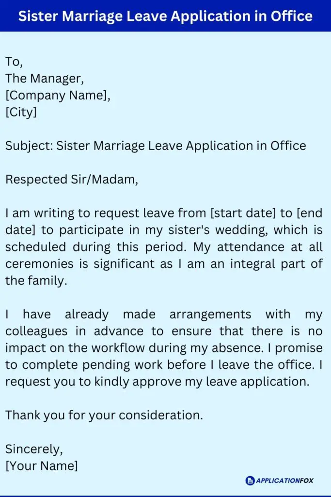 Sister Marriage Leave Application in Office