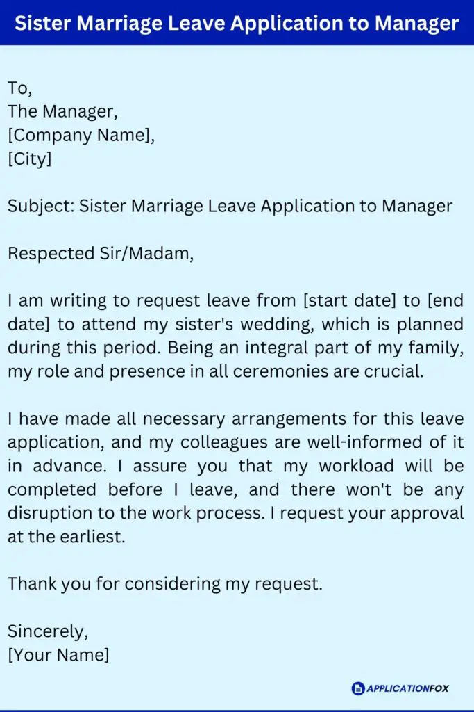 Sister Marriage Leave Application to Manager