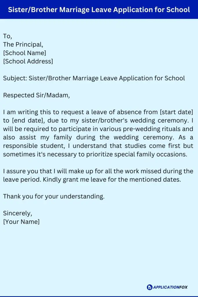 Sister/Brother Marriage Leave Application for School