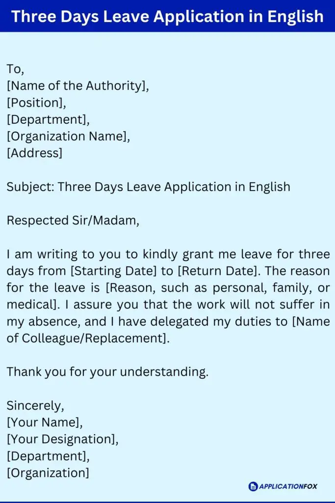 Three Days Leave Application in English