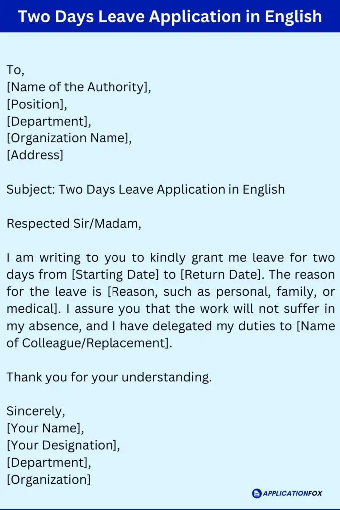 Two Days Leave Application in English
