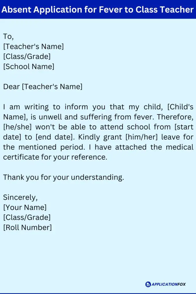 Absent Application for Fever to Class Teacher