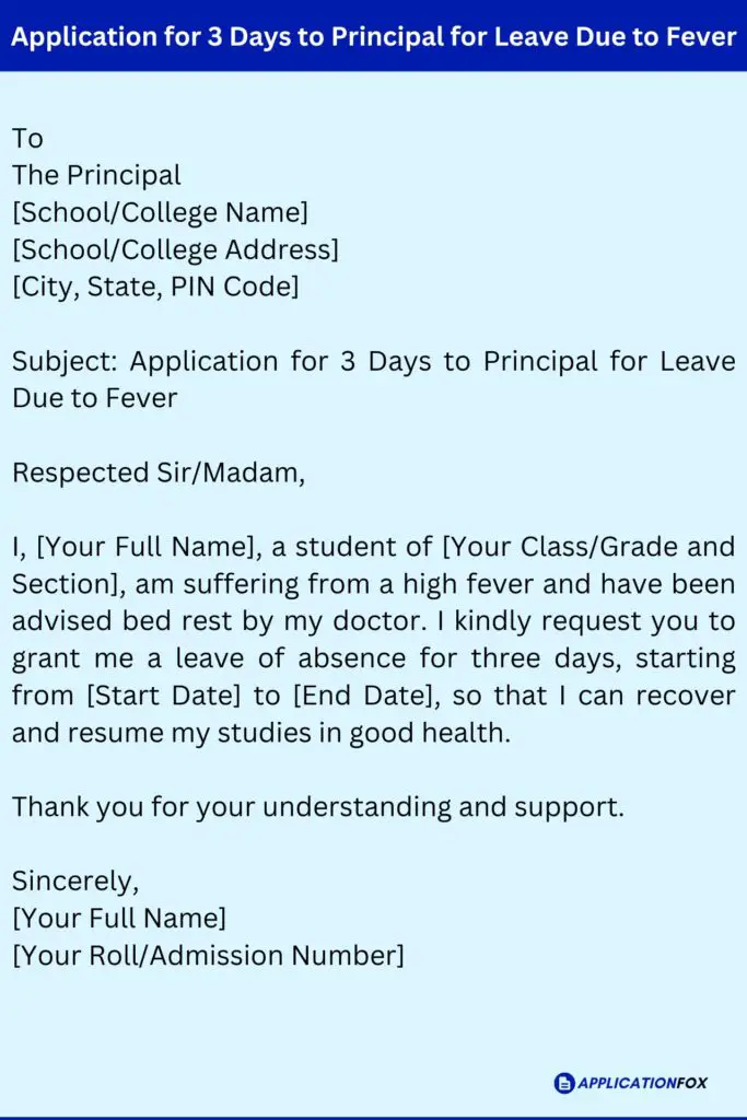 Application for 3 Days to Principal for Leave Due to Fever