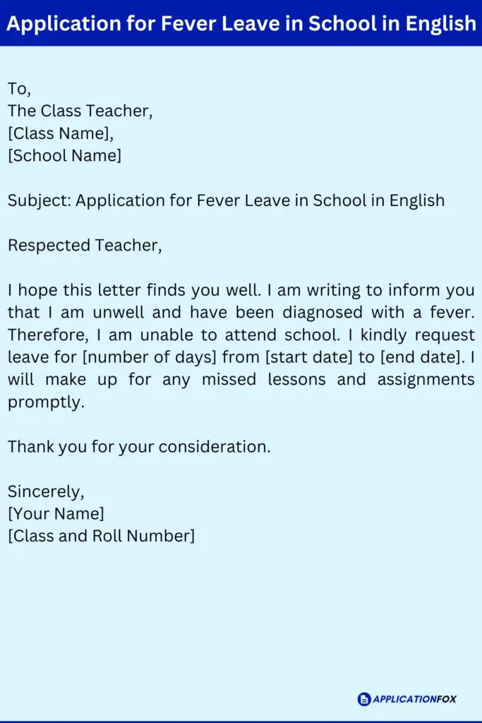 Application for Fever Leave in School in English